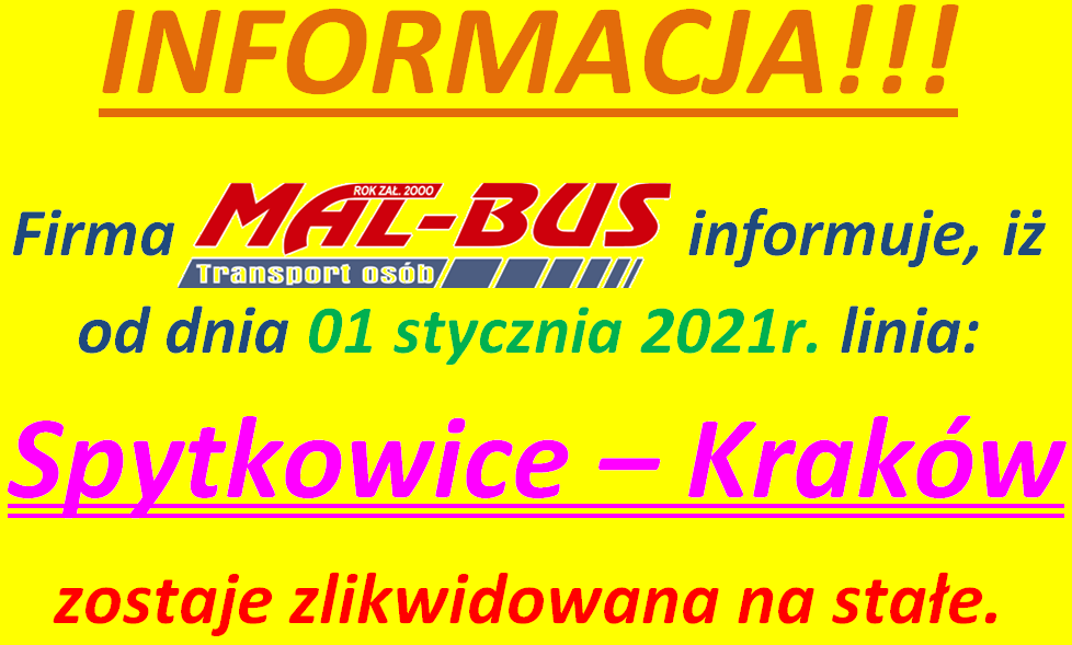 Likwidacja linii Spytkowice - Kraków (Mal-Bus) od 1 stycznia 2021
