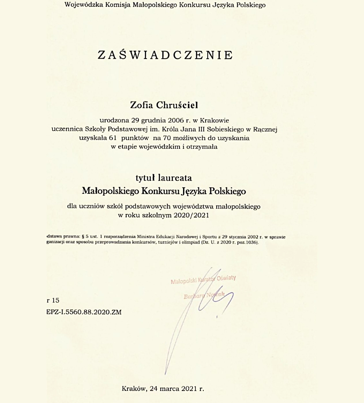 Zofia Chruściel - laureat Małopolskiego Konkursu Języka Polskiego