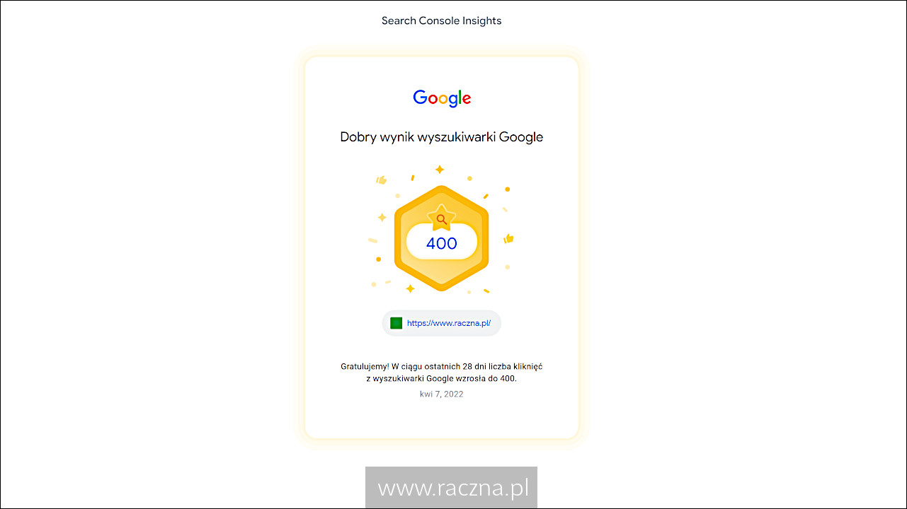 400 kliknięć strony www.raczna.pl w wyszukiwarce Google - grafika