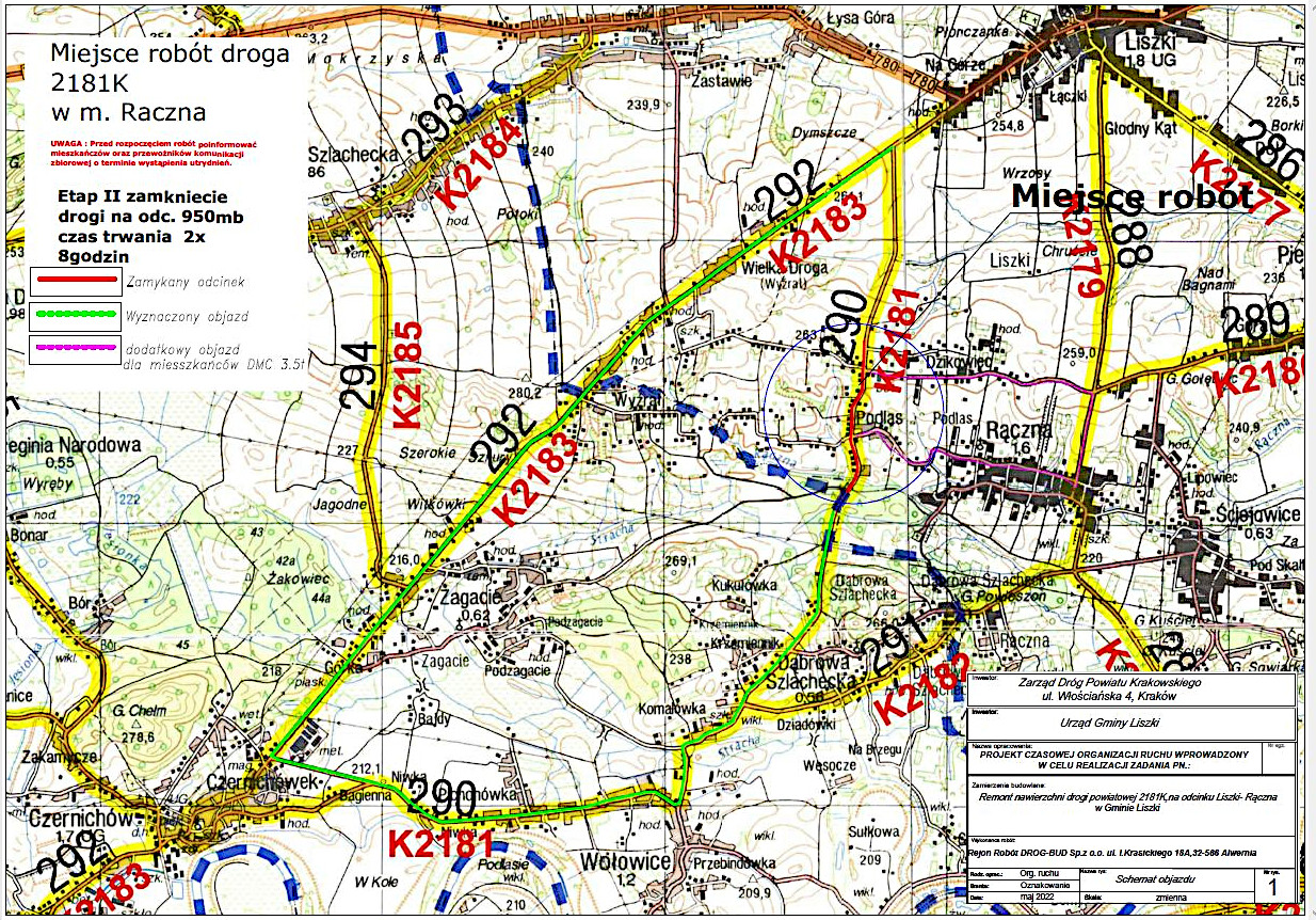 Zamknięcie drogi powiatowej nr 2181K w miejscowości Rączna dnia 14 maja 2022 - mapka