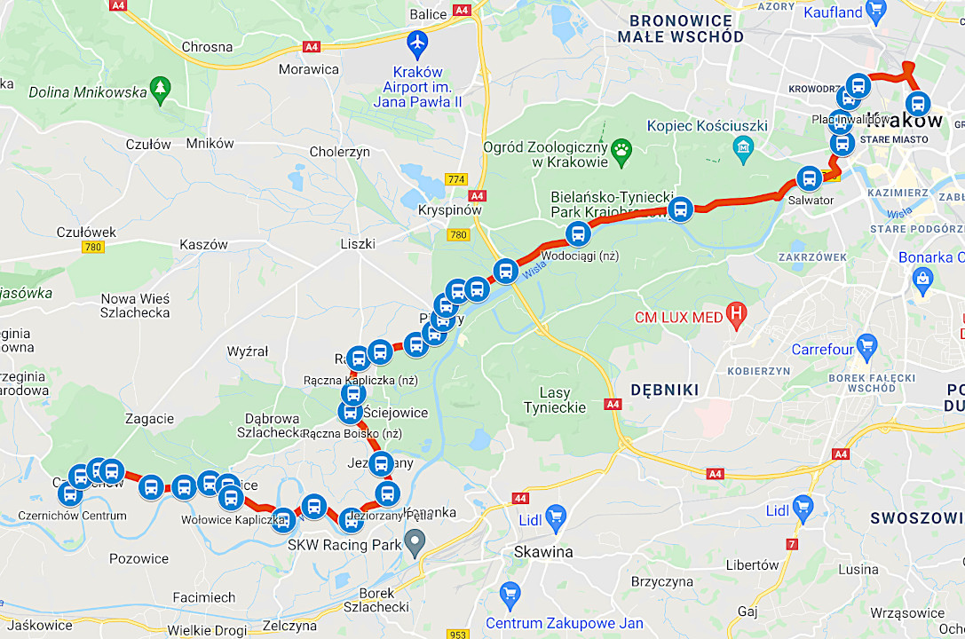Planowana trasa linii busów Czernichów Kraków od marca 2022