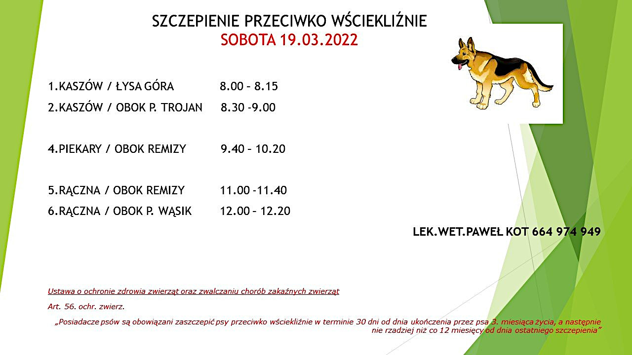 Szczepienie psów przeciwko wściekliźnie - 19 marca 2022 - Gmina Liszki, Rączna - plakat
