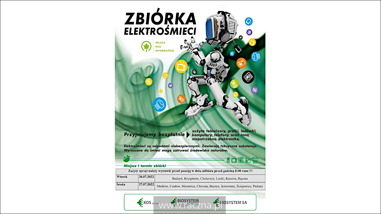 Zbiórka elektrośmieci - Rączna, 26 lipca 2022 - plakat