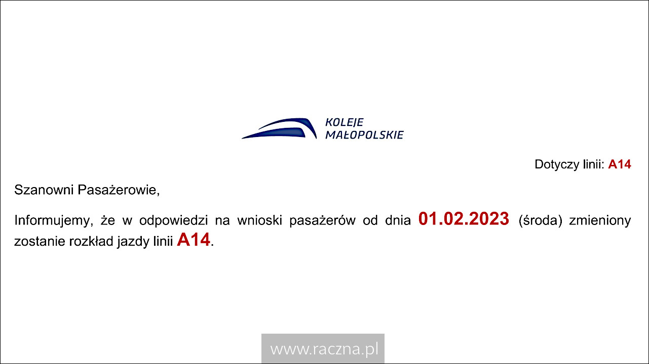 Koleje Małopolskie - linia A14 - zmiana rozkładu jazdy od 1 lutego 2023