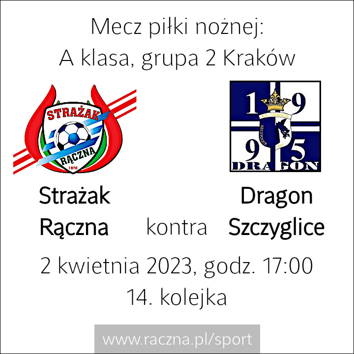 Mecz piłki nożnej - A klasa grupa 2 Kraków - 14. kolejka - Strażak Rączna vs. Dragon Szczyglice - 2 kwietnia 2023