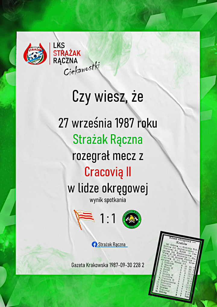 LKS Strażak Rączna rozegrał mecz z Cracovią II w 1987 roku - ciekawostka - plakat